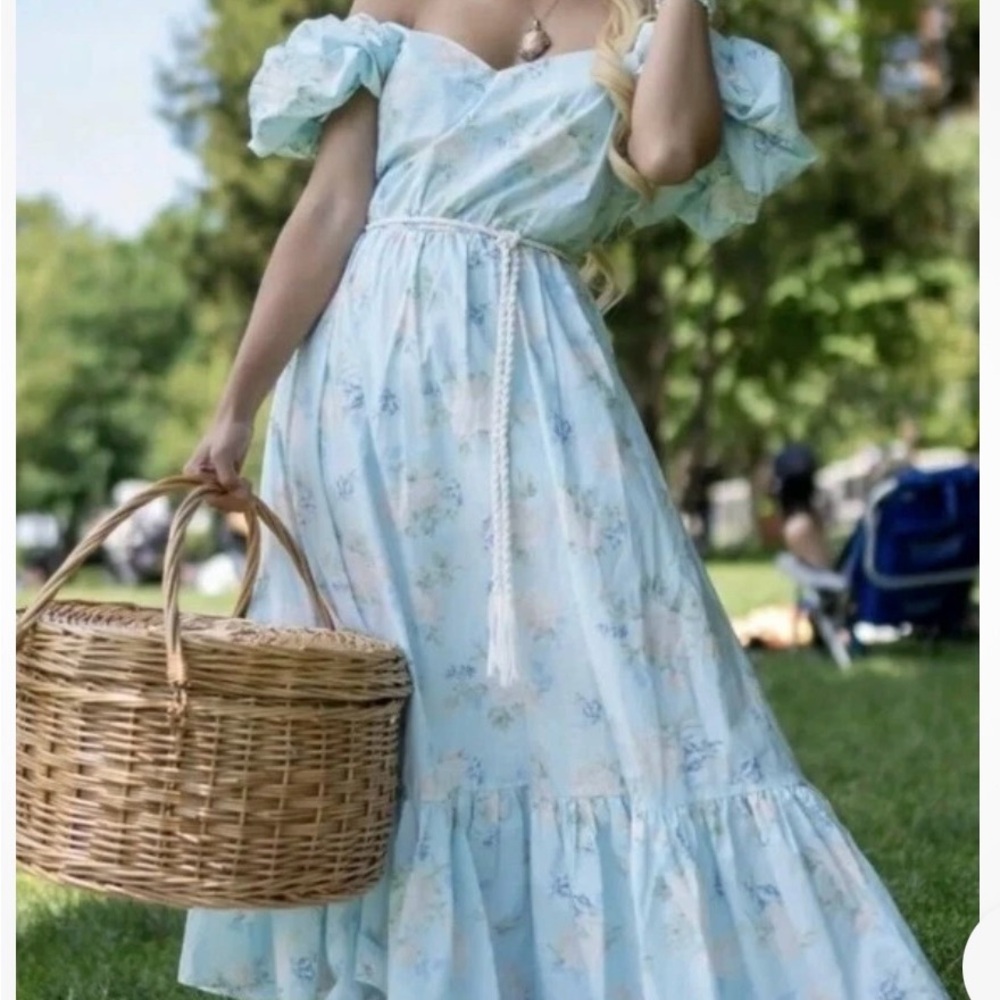 LoveShackFancy Pale Blue Floral Off-Shoulder Maxi Dress